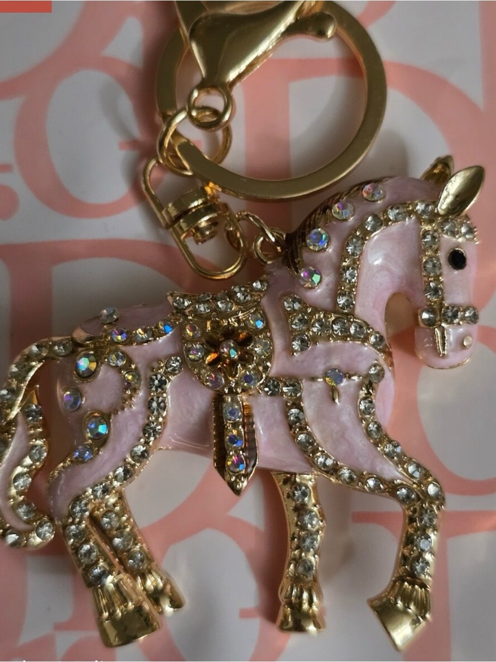 Gold & Pink Horse Crystal Bag Charm and Keychain - Fashion Accessory - Picture 4 of 6